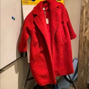 Teddy Bear Long oversized coat, bright crimson red